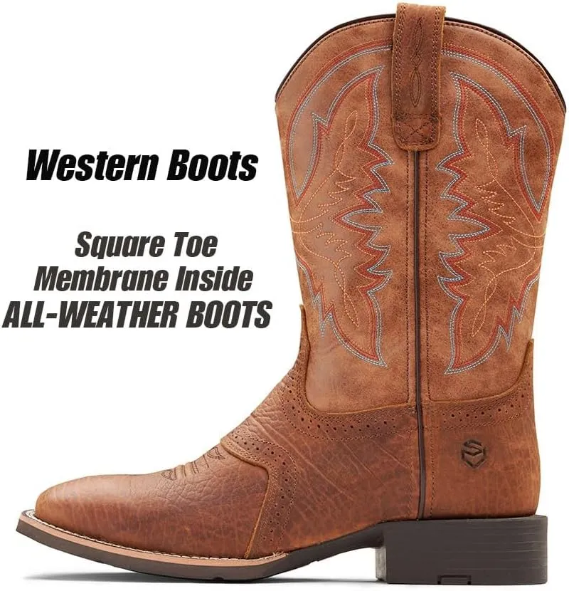 SUREWAY Western Boots For Men - Mens Square Toe Cowboy Boot,Oil/Slip Resistant,Durable Fashionable Classic Pull on 10 Inch Wellington Boots - Soft Toe Work Boots