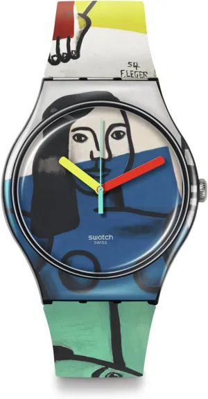 Swatch Unisex Casual Bioceramic Watch Black Art Journey Leger's Two Women Holding Flowers