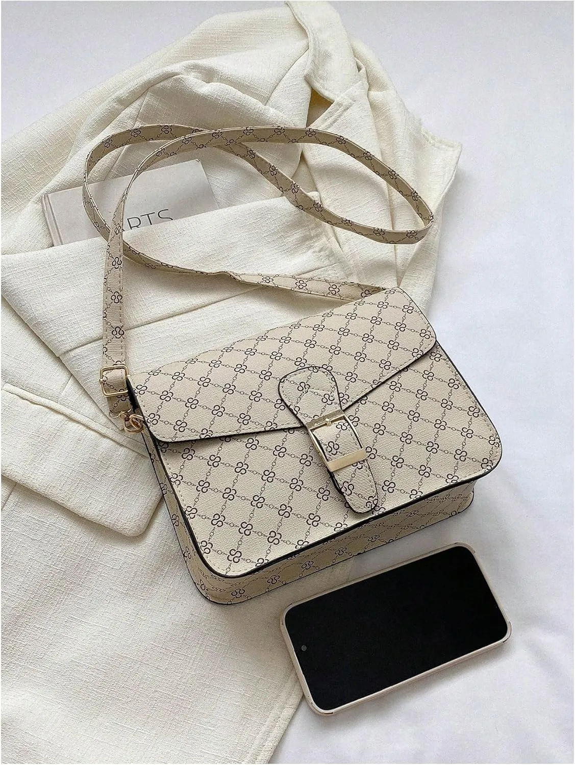 SweatyRocks Women's PU Leather Geo Pattern Crossbody Bag Flap Magnet Small Square Handbag with Adjustable Strap