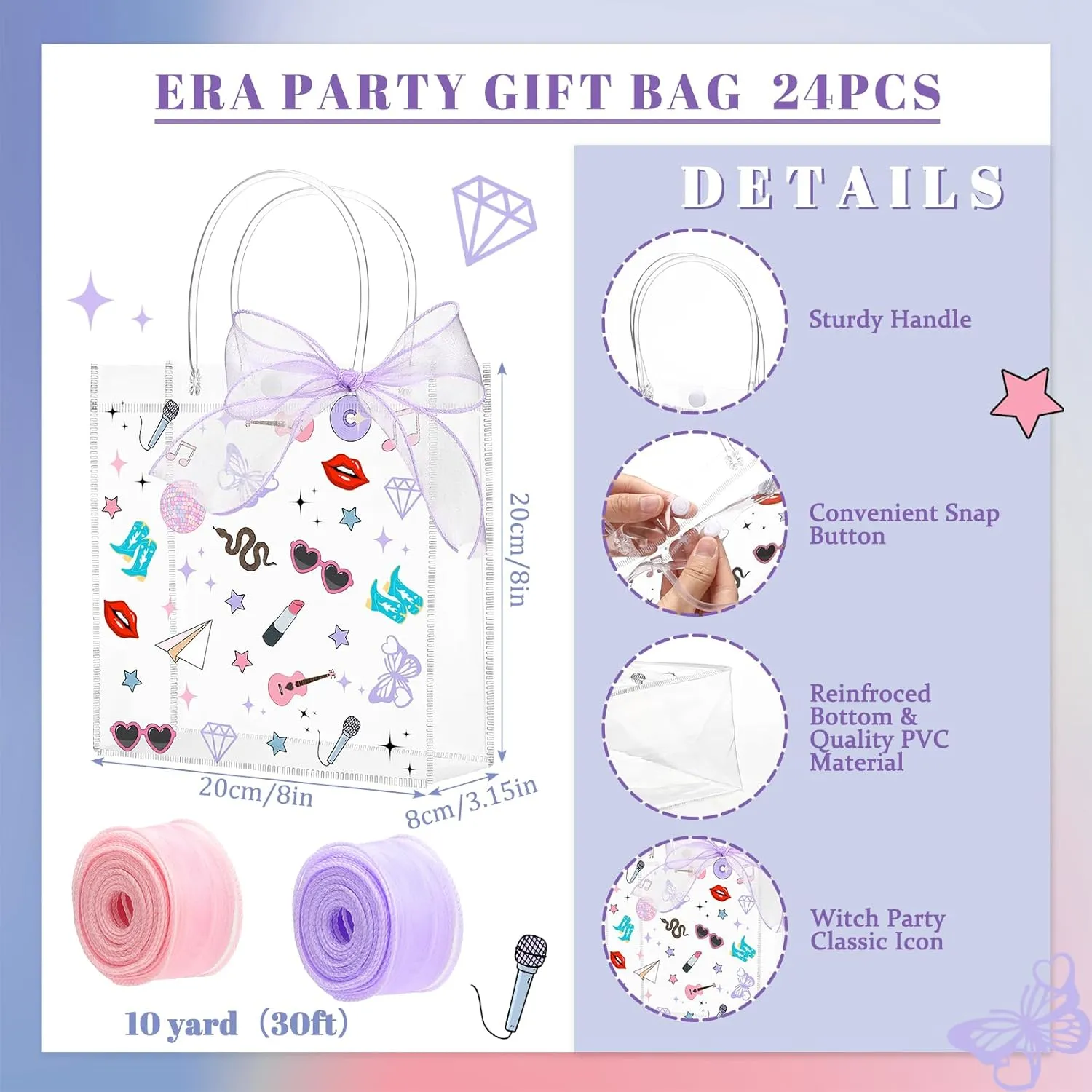 Sweetude 24 Pack Era' Party Clear Gift Bags with Handles 8" PVC Goodie Bags for Birthday Supplies Girl Fans Concert Bachelorette Music Singer Party Decorations Women Merchandise Music Lover Gift