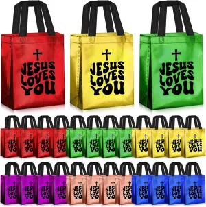 Sweetude 24 Pcs Mother's Day Christian Gift Bags Bulk Non Woven Jesus Loves You Gift Bags Bulk with Handles Religious Tote for Church Party Favor Visitors Sunday School VBS First Communion Baptism