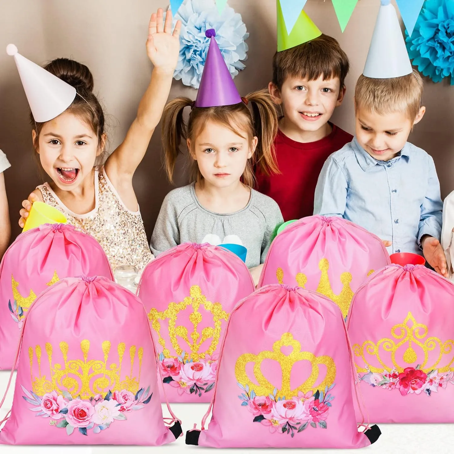Sweetude 24 Pcs Princess Party Gifts Bags Princess Crown Small Pink Drawstring Bags Decoration Favor Storage for Girls Kids Birthday Wedding Party Decoration