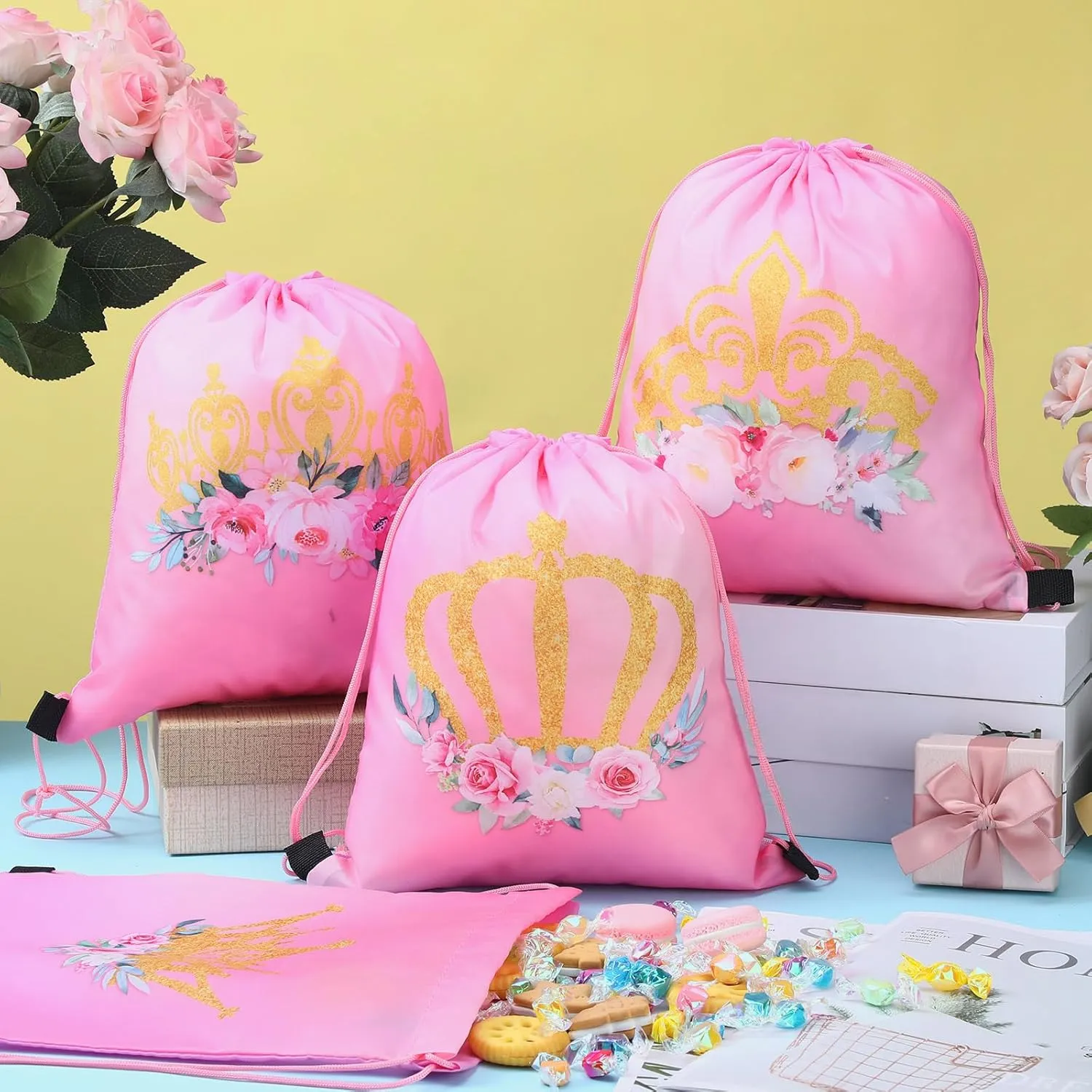 Sweetude 24 Pcs Princess Party Gifts Bags Princess Crown Small Pink Drawstring Bags Decoration Favor Storage for Girls Kids Birthday Wedding Party Decoration