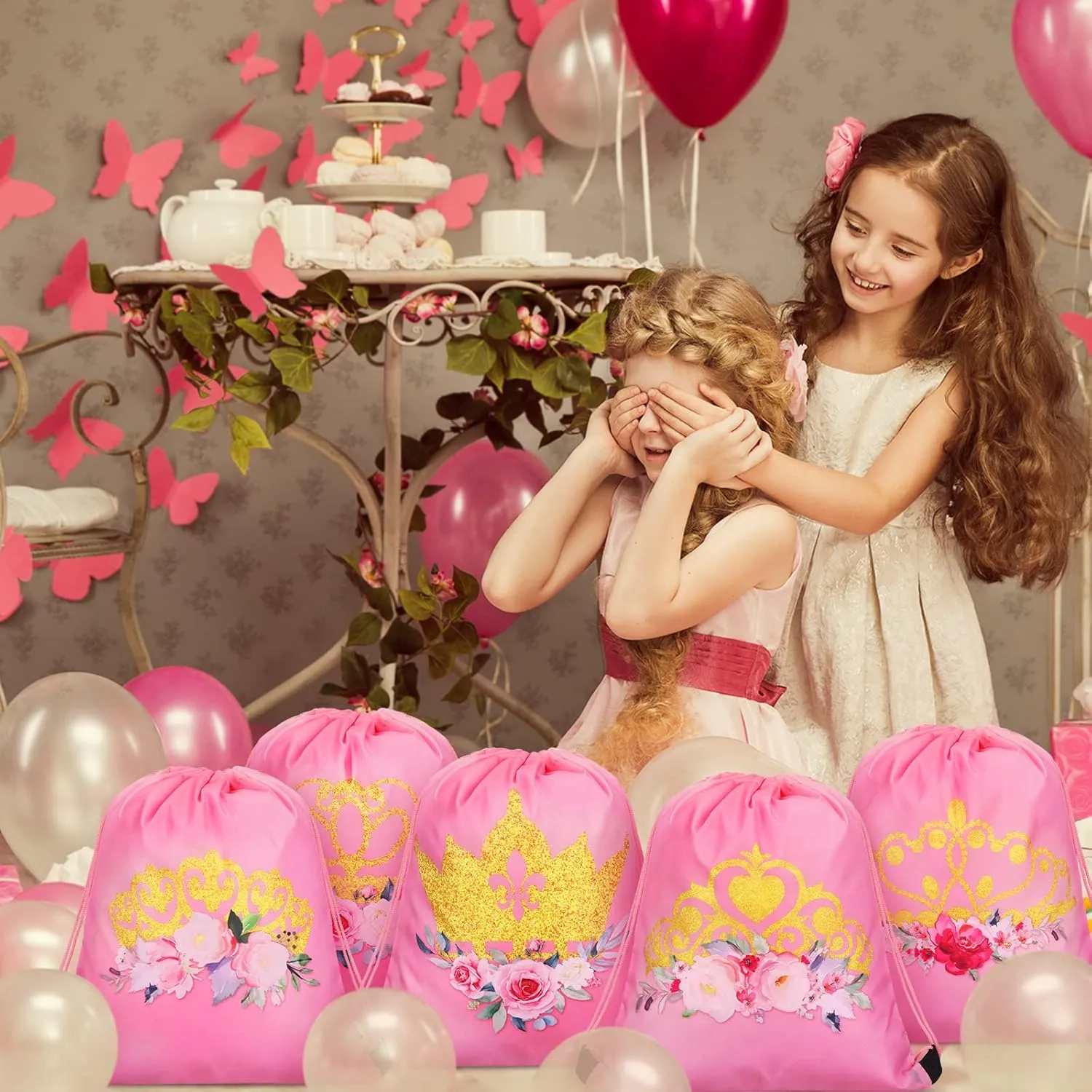 Sweetude 24 Pcs Princess Party Gifts Bags Princess Crown Small Pink Drawstring Bags Decoration Favor Storage for Girls Kids Birthday Wedding Party Decoration