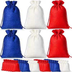 Sweetude 30 Pcs 4th of July Burlap Gifts Bags with Drawstring 4 x 6 Inch Patriotic Party Favor Bags Bulk Fourth of July Party Supplies for Independence Day Memorial Day Veterans Day(Blue, Red, White)