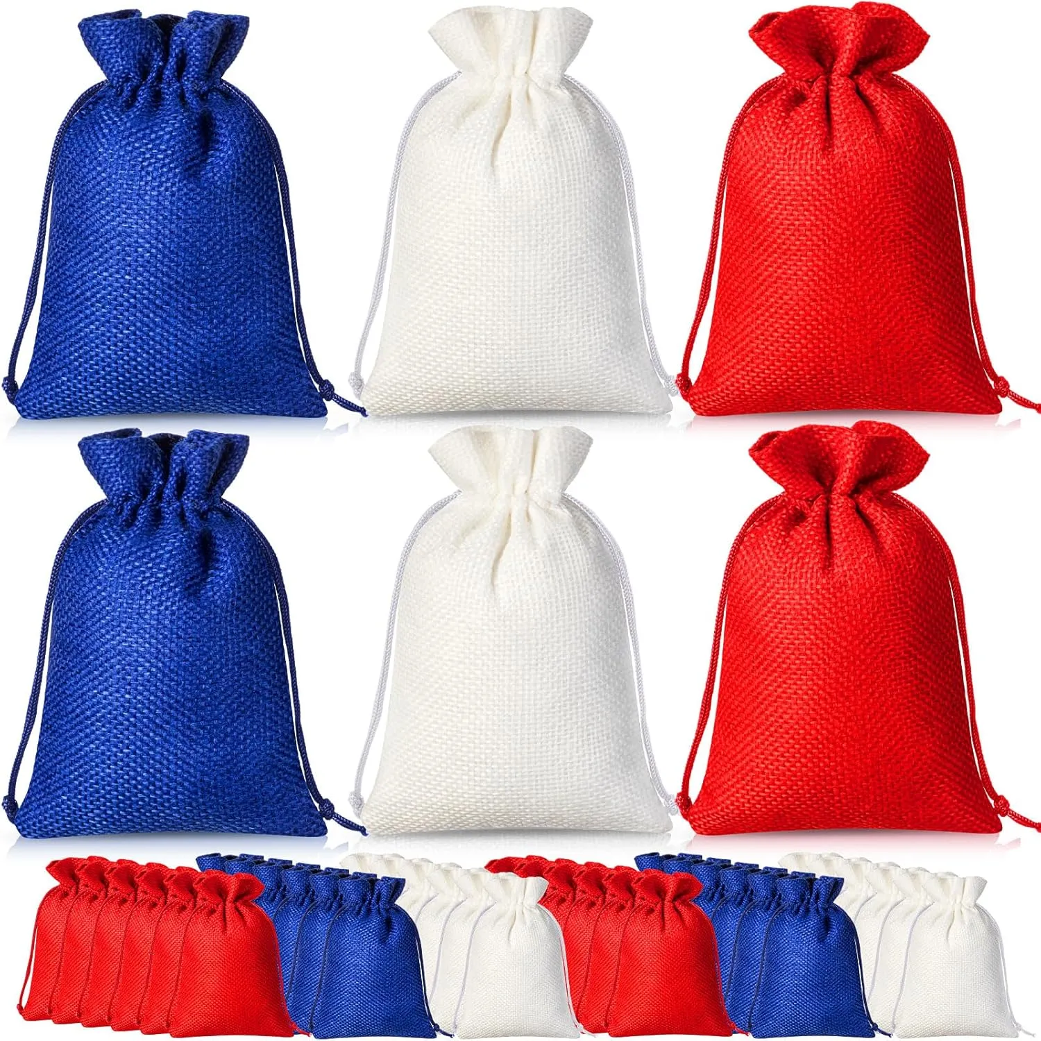 Sweetude 30 Pcs 4th of July Burlap Gifts Bags with Drawstring 4 x 6 Inch Patriotic Party Favor Bags Bulk Fourth of July Party Supplies for Independence Day Memorial Day Veterans Day(Blue, Red, White)