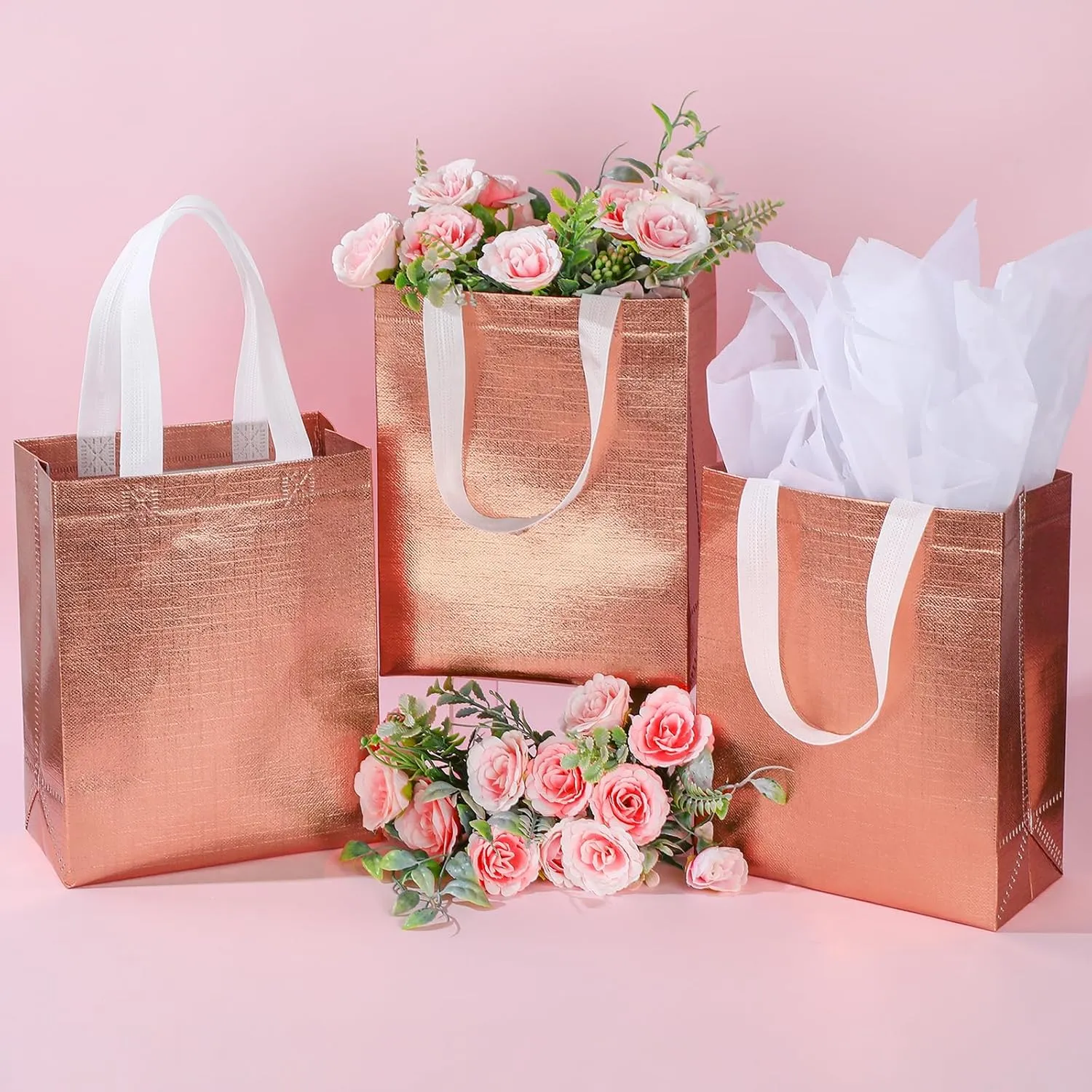 Sweetude 50 Pcs Reusable Gift Bags with Handles Grocery Gift Bags with Tissue Paper Glitter Shopping Bags for Present Birthday Wedding Party(Rose Gold, 8 x 4 x 10 Inch)