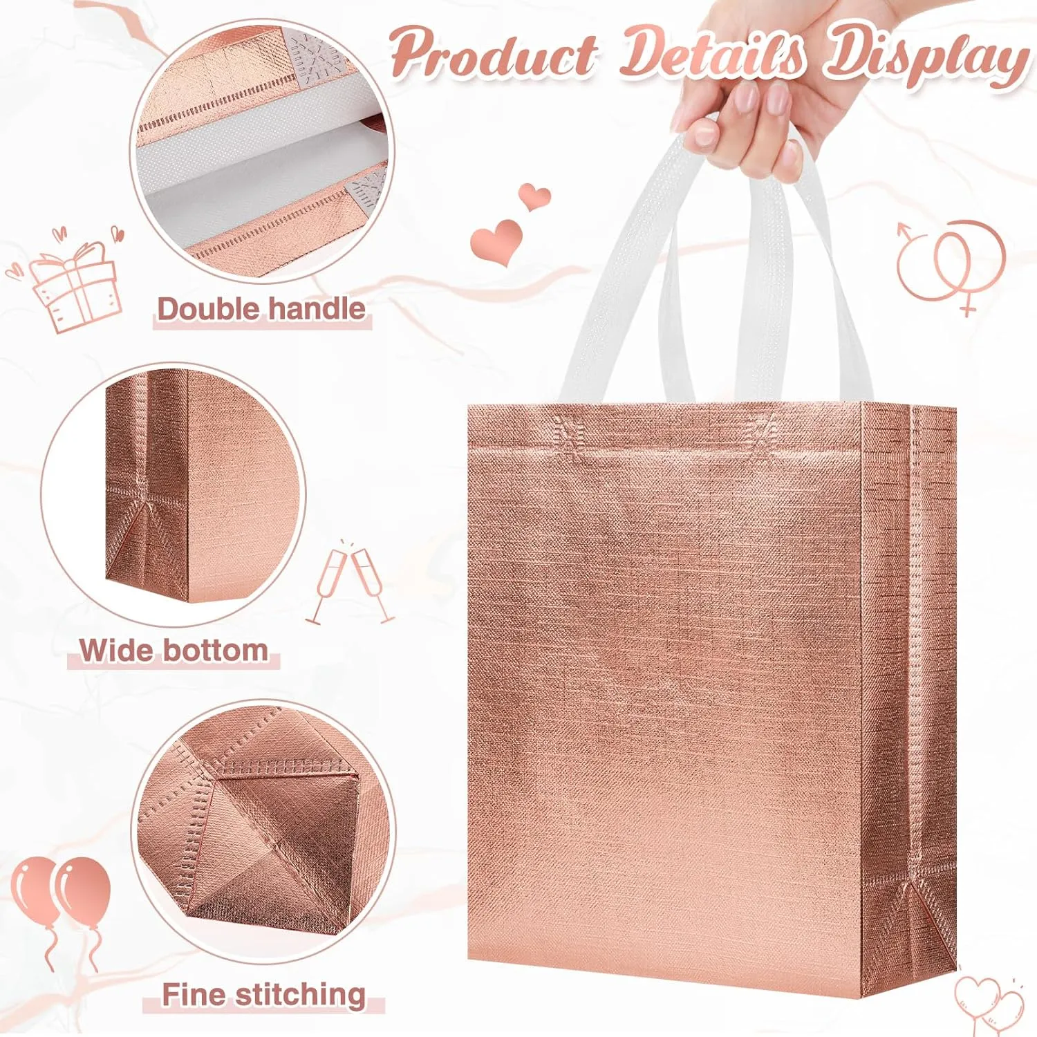 Sweetude 50 Pcs Reusable Gift Bags with Handles Grocery Gift Bags with Tissue Paper Glitter Shopping Bags for Present Birthday Wedding Party(Rose Gold, 8 x 4 x 10 Inch)