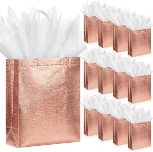 Sweetude 50 Pcs Reusable Gift Bags with Handles Grocery Gift Bags with Tissue Paper Glitter Shopping Bags for Present Birthday Wedding Party(Rose Gold, 8 x 4 x 10 Inch)
