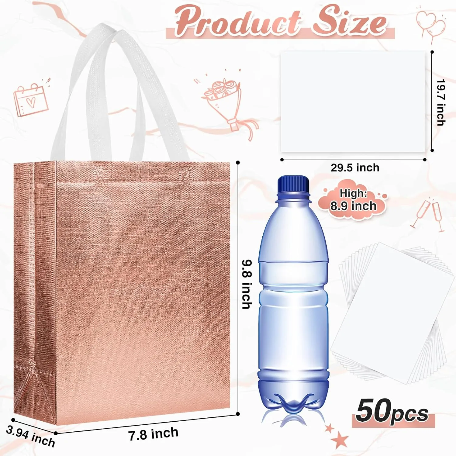 Sweetude 50 Pcs Reusable Gift Bags with Handles Grocery Gift Bags with Tissue Paper Glitter Shopping Bags for Present Birthday Wedding Party(Rose Gold, 8 x 4 x 10 Inch)