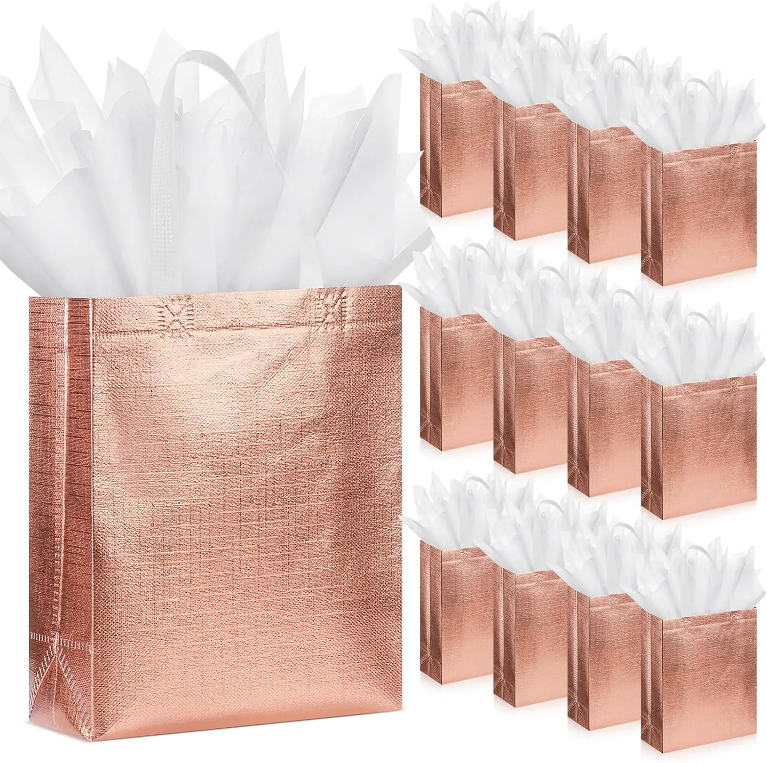 Sweetude 50 Pcs Reusable Gift Bags with Handles Grocery Gift Bags with Tissue Paper Glitter Shopping Bags for Present Birthday Wedding Party(Rose Gold, 8 x 4 x 10 Inch)