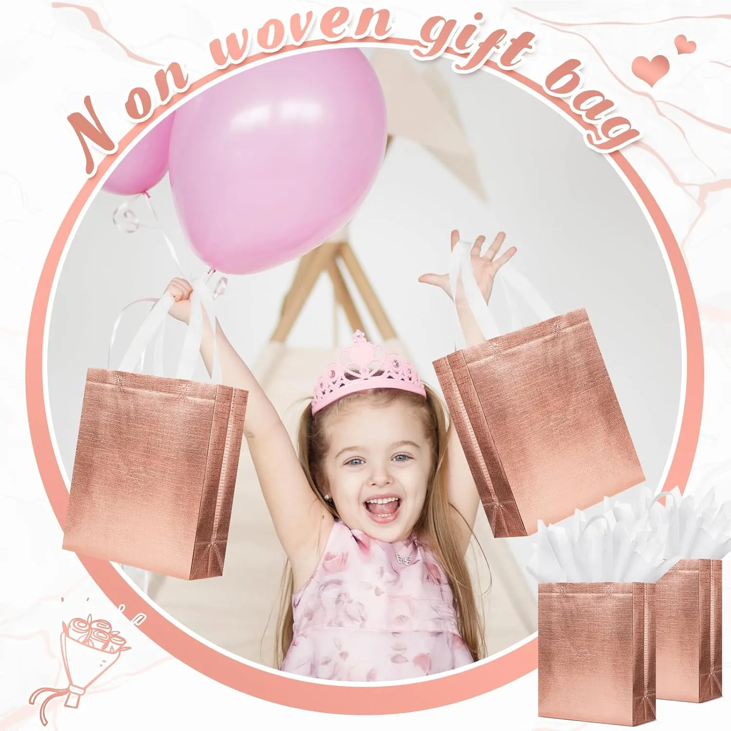 Sweetude 50 Pcs Reusable Gift Bags with Handles Grocery Gift Bags with Tissue Paper Glitter Shopping Bags for Present Birthday Wedding Party(Rose Gold, 8 x 4 x 10 Inch)