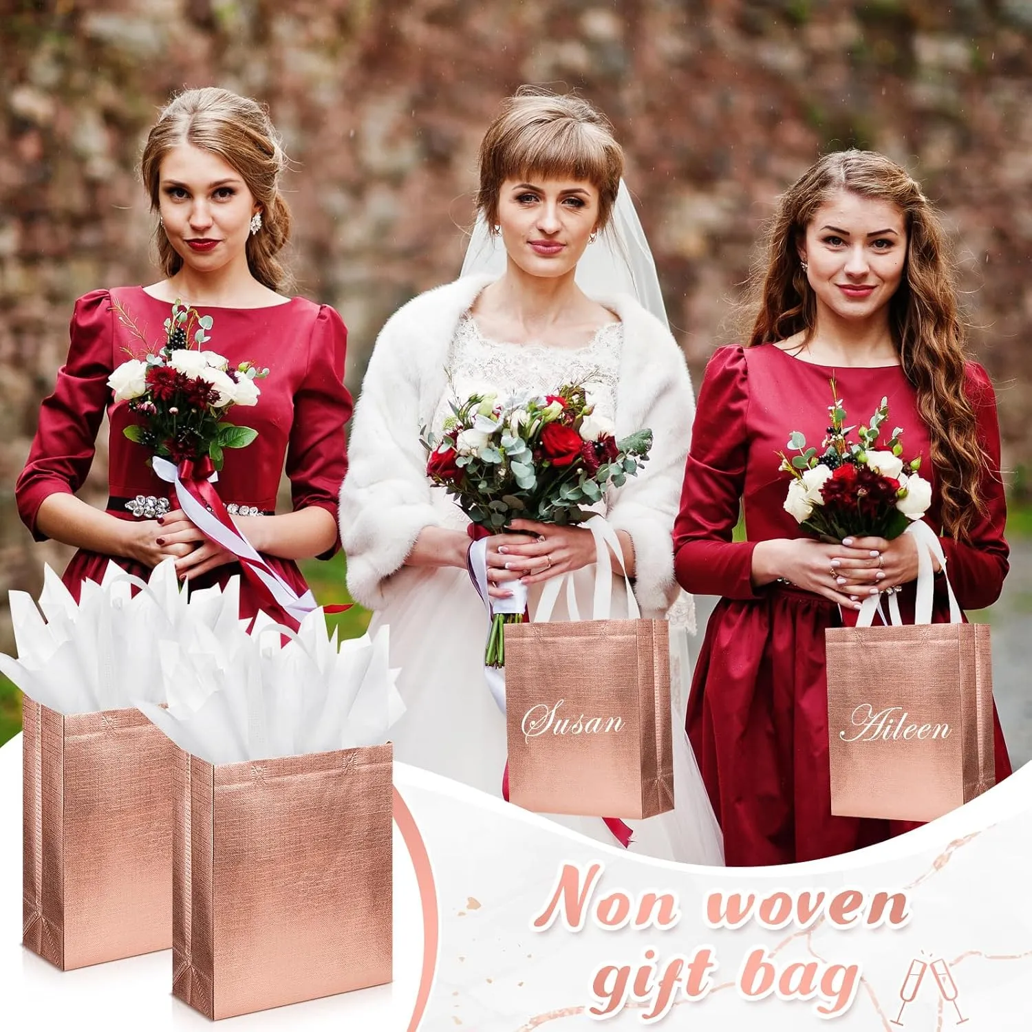 Sweetude 50 Pcs Reusable Gift Bags with Handles Grocery Gift Bags with Tissue Paper Glitter Shopping Bags for Present Birthday Wedding Party(Rose Gold, 8 x 4 x 10 Inch)