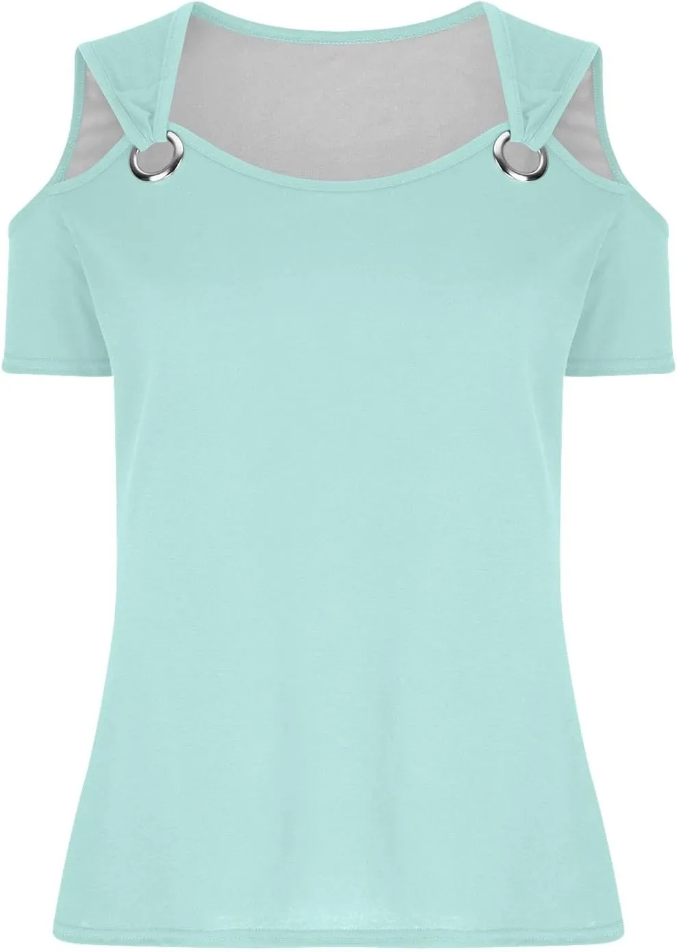 T Shirt for Women Sexy Cold Shoulder Summer Tops Casual Printed Short Sleeve Round-Neck Blouse Loose Comfy Tunics