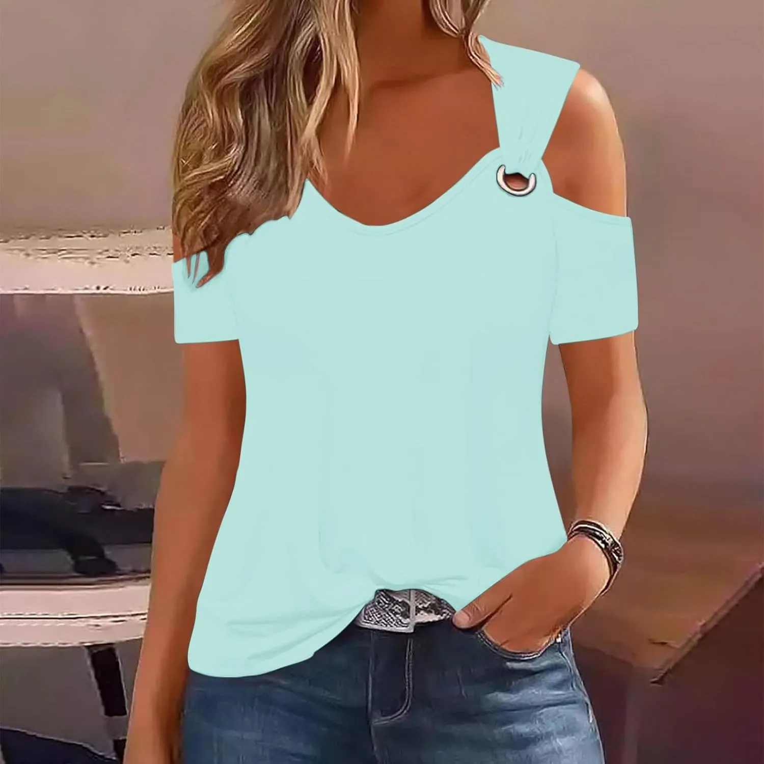 T Shirt for Women Sexy Cold Shoulder Summer Tops Casual Printed Short Sleeve Round-Neck Blouse Loose Comfy Tunics
