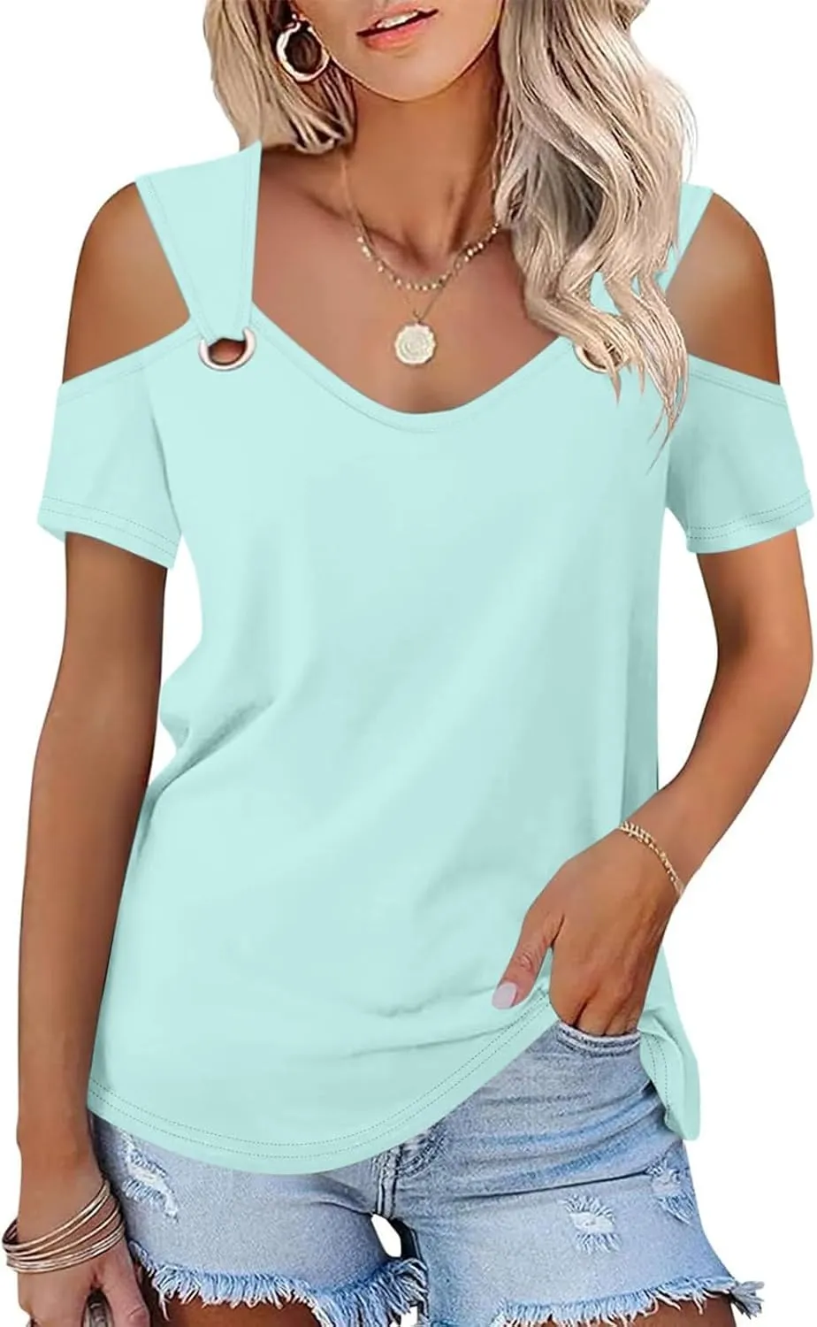 T Shirt for Women Sexy Cold Shoulder Summer Tops Casual Printed Short Sleeve Round-Neck Blouse Loose Comfy Tunics