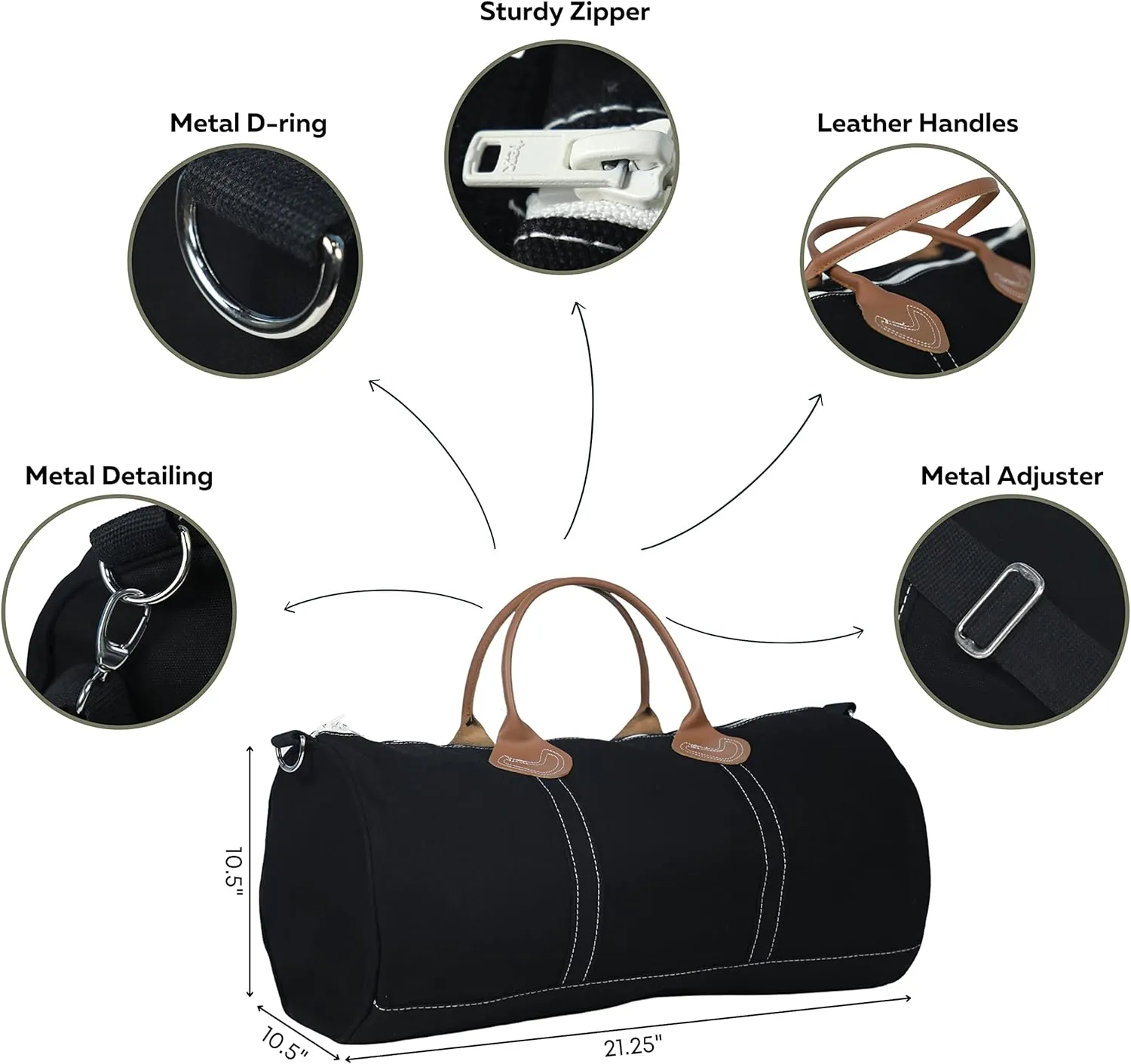 Tag&Crew Solid Round Duffle Unisex Carryon Handbag with Leather Handles Adjustable Shoulder Strap Metal Accessories Sturdy Zippers, Ideal for Gym Lovers Overnight Travels Mini Vacations - Black