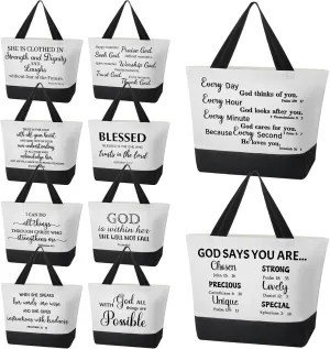Talltalk 10 Pcs Christian Tote Bags Canvas Bible Tote Bulk Religious Large Gift Bags Inspirational Gifts for Women Mothers Day Church Teacher Birthday(White, Black)