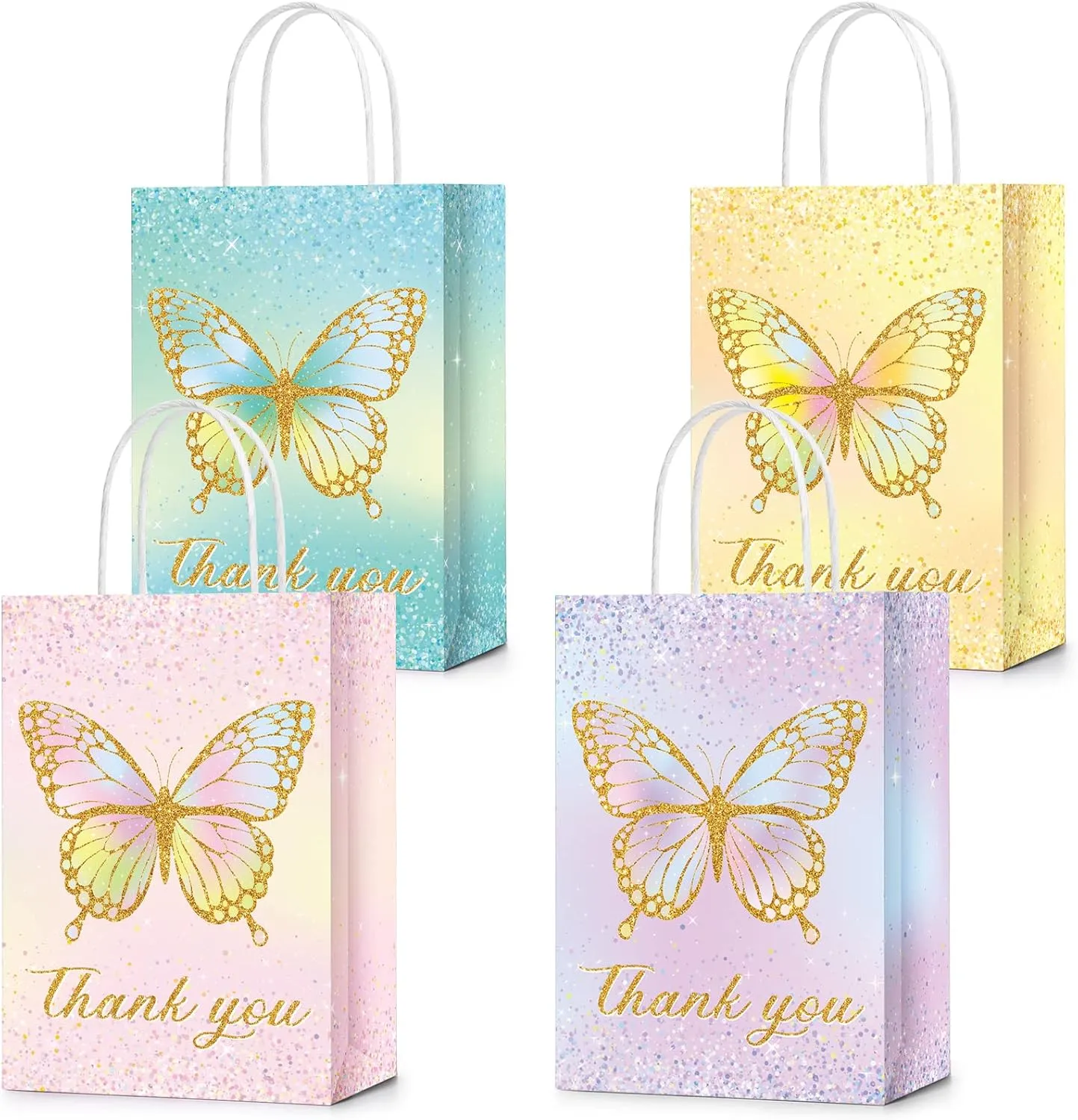 TaoBary 24 Pcs Butterfly Party Favors Gift Goodie Treat Candy Bags Thank You for Fluttering by Paper Bags with Handles for Girls Butterfly Birthday Party Supplies Baby Shower(Glitter Style)