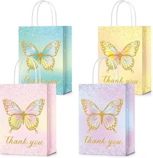 TaoBary 24 Pcs Butterfly Party Favors Gift Goodie Treat Candy Bags Thank You for Fluttering by Paper Bags with Handles for Girls Butterfly Birthday Party Supplies Baby Shower(Glitter Style)