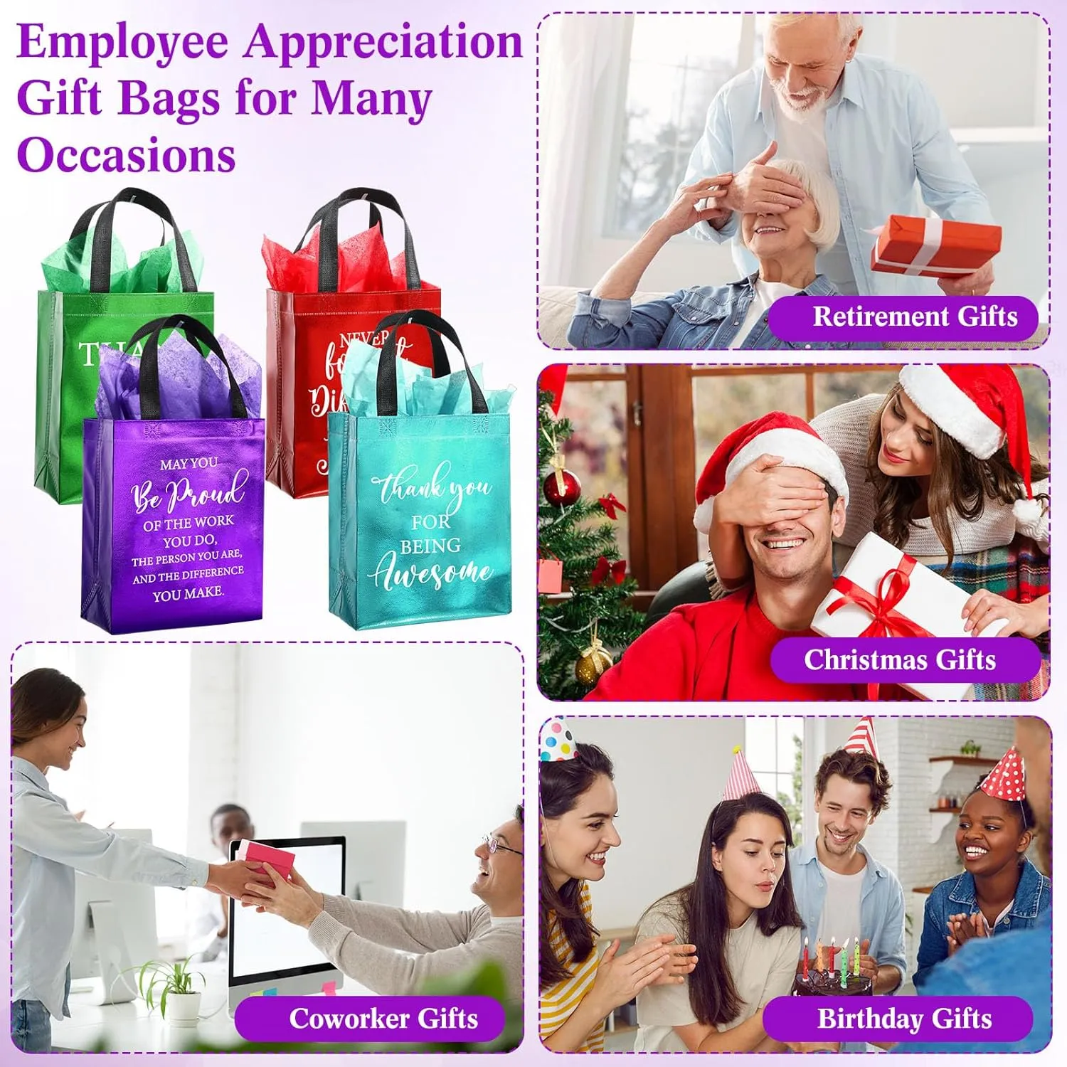 Tellingyou 24 Pieces Employee Appreciation Gift Bags Thank You Reusable Gift Bags with Tissues 8 x 4 x 10 Inch for Coworker Employee Teacher