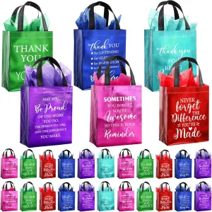 Tellingyou 24 Pieces Employee Appreciation Gift Bags Thank You Reusable Gift Bags with Tissues 8 x 4 x 10 Inch for Coworker Employee Teacher