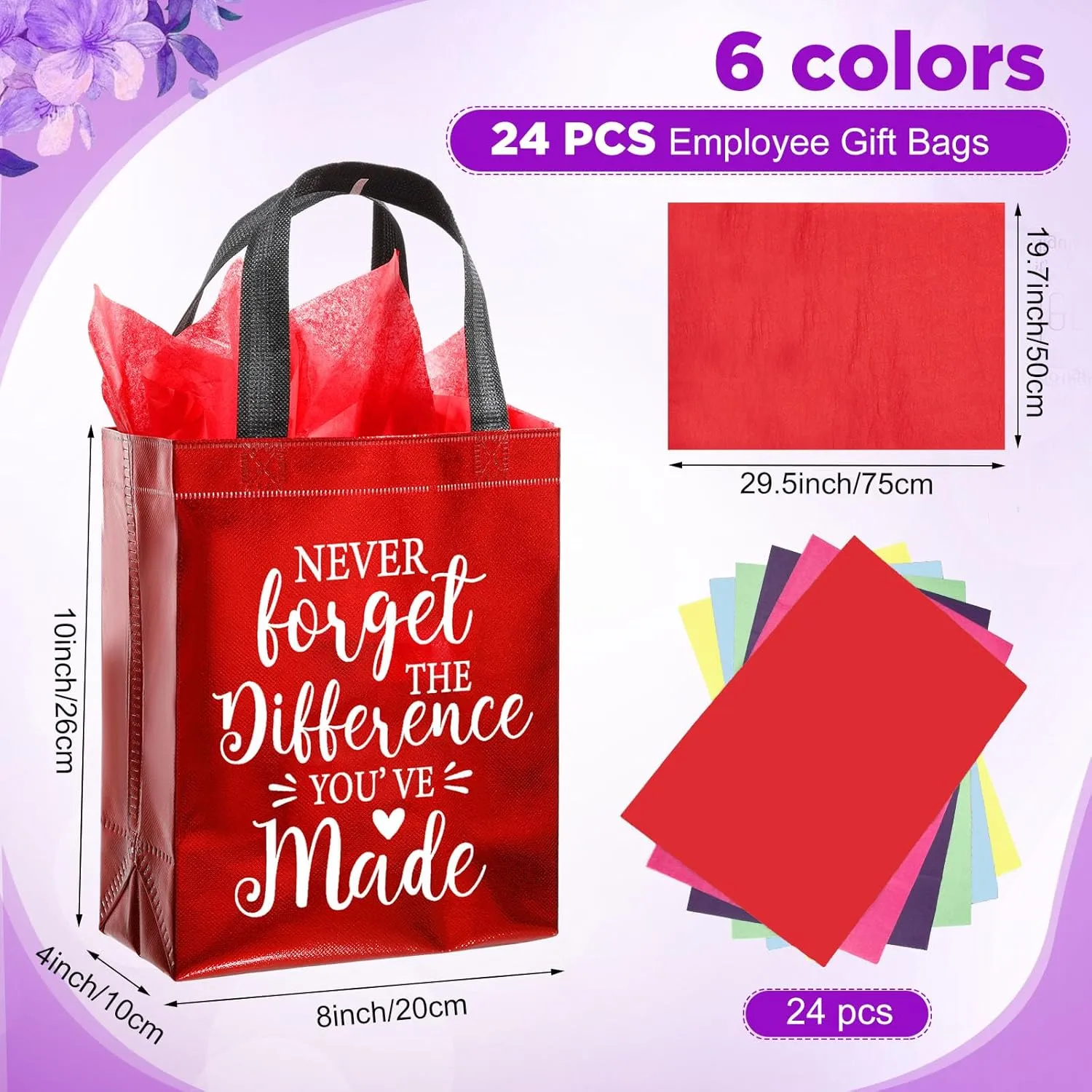 Tellingyou 24 Pieces Employee Appreciation Gift Bags Thank You Reusable Gift Bags with Tissues 8 x 4 x 10 Inch for Coworker Employee Teacher