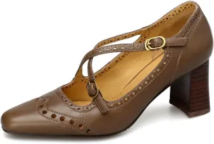 TinaCus Women's Genuine Leather Handmade Cross Straps Square Toe Pumps Brogue Shoes