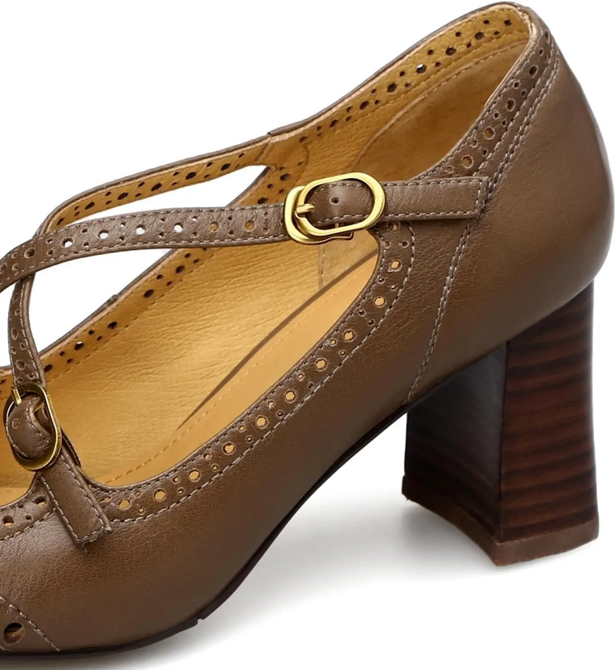 TinaCus Women's Genuine Leather Handmade Cross Straps Square Toe Pumps Brogue Shoes