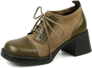 TinaCus Women's Genuine Leather Handmade Splicing Lace Up Square Toe Platform Mid Block Heel Pumps Shoes
