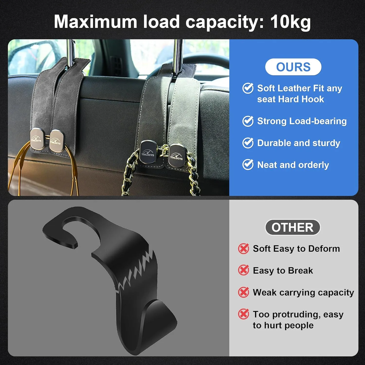 Tinlucys Car Seat Headrest Hook 2 Pack,Purse Hook for Universal Vehicle,Bag Holder Hook for Car,Handbag Suede Purse Coat Fit for Car Accessories Gray