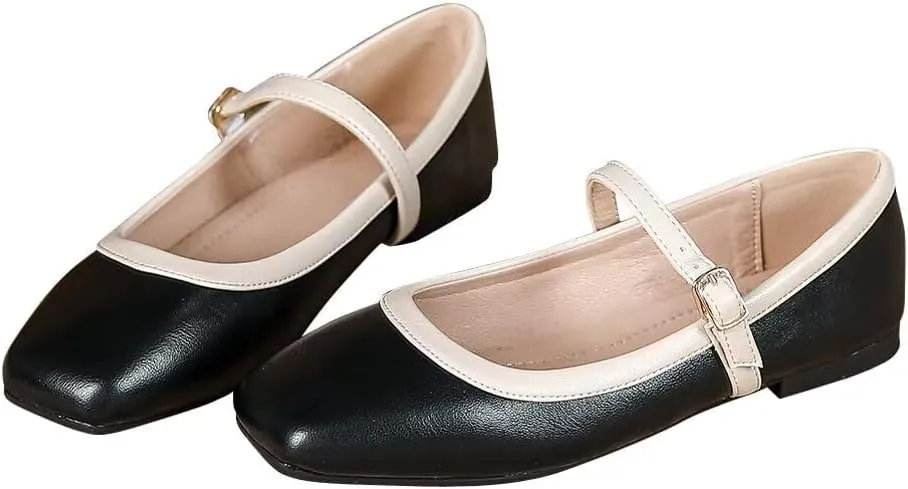 TN TANGNEST Ballet Flats for Women Soft Leather Ankle Buckle Flats Comfortable Square Toe Mary Jane Flats