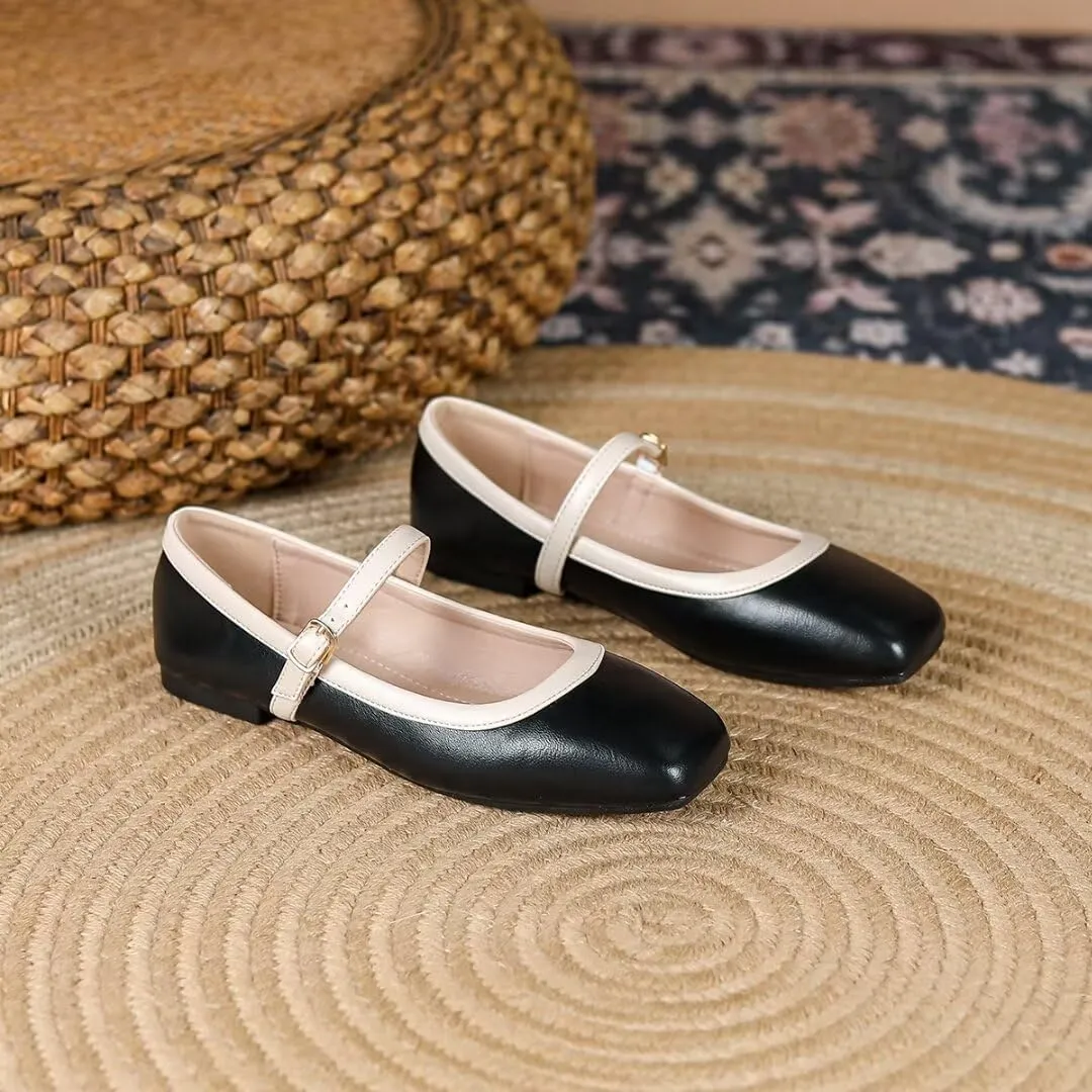 TN TANGNEST Ballet Flats for Women Soft Leather Ankle Buckle Flats Comfortable Square Toe Mary Jane Flats