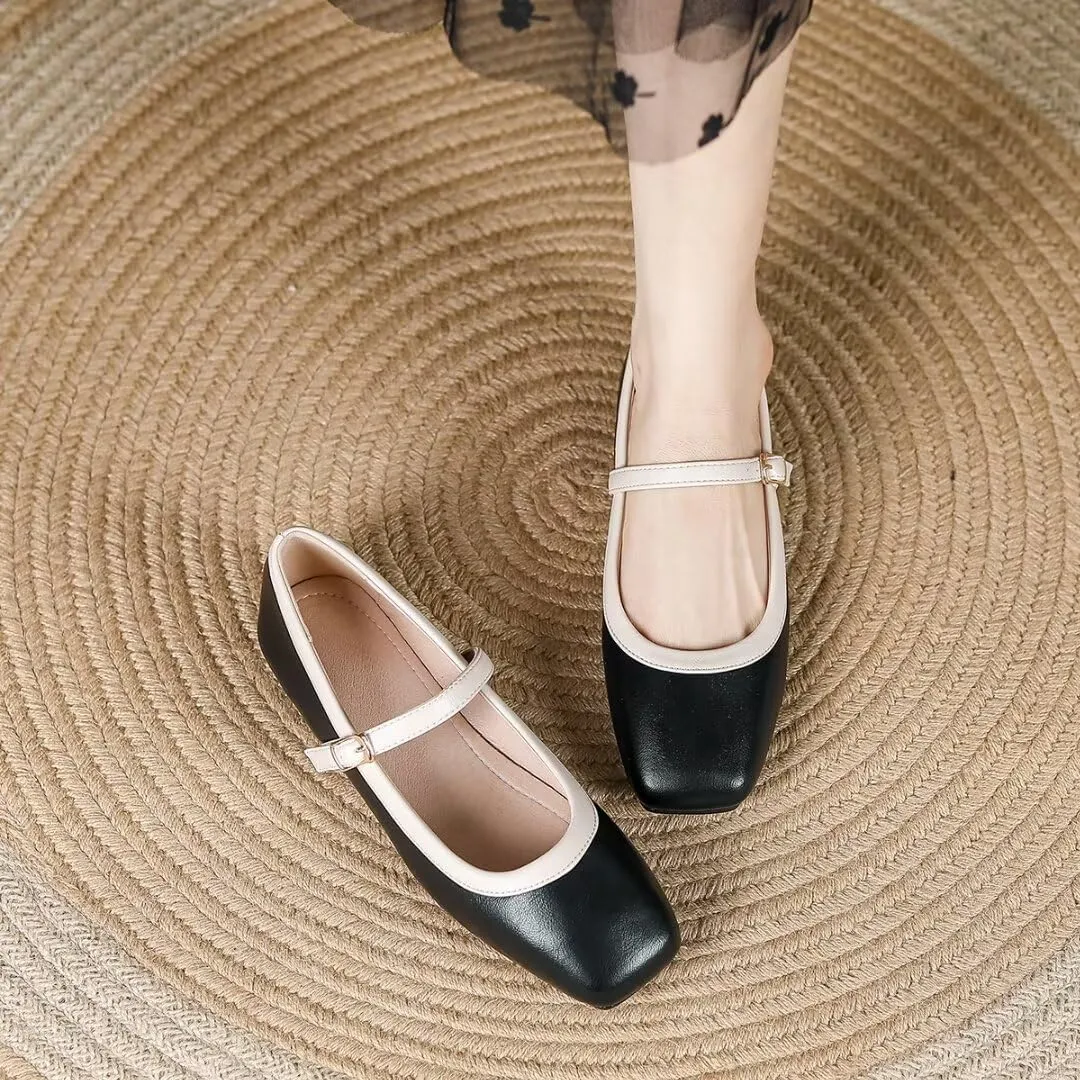 TN TANGNEST Ballet Flats for Women Soft Leather Ankle Buckle Flats Comfortable Square Toe Mary Jane Flats