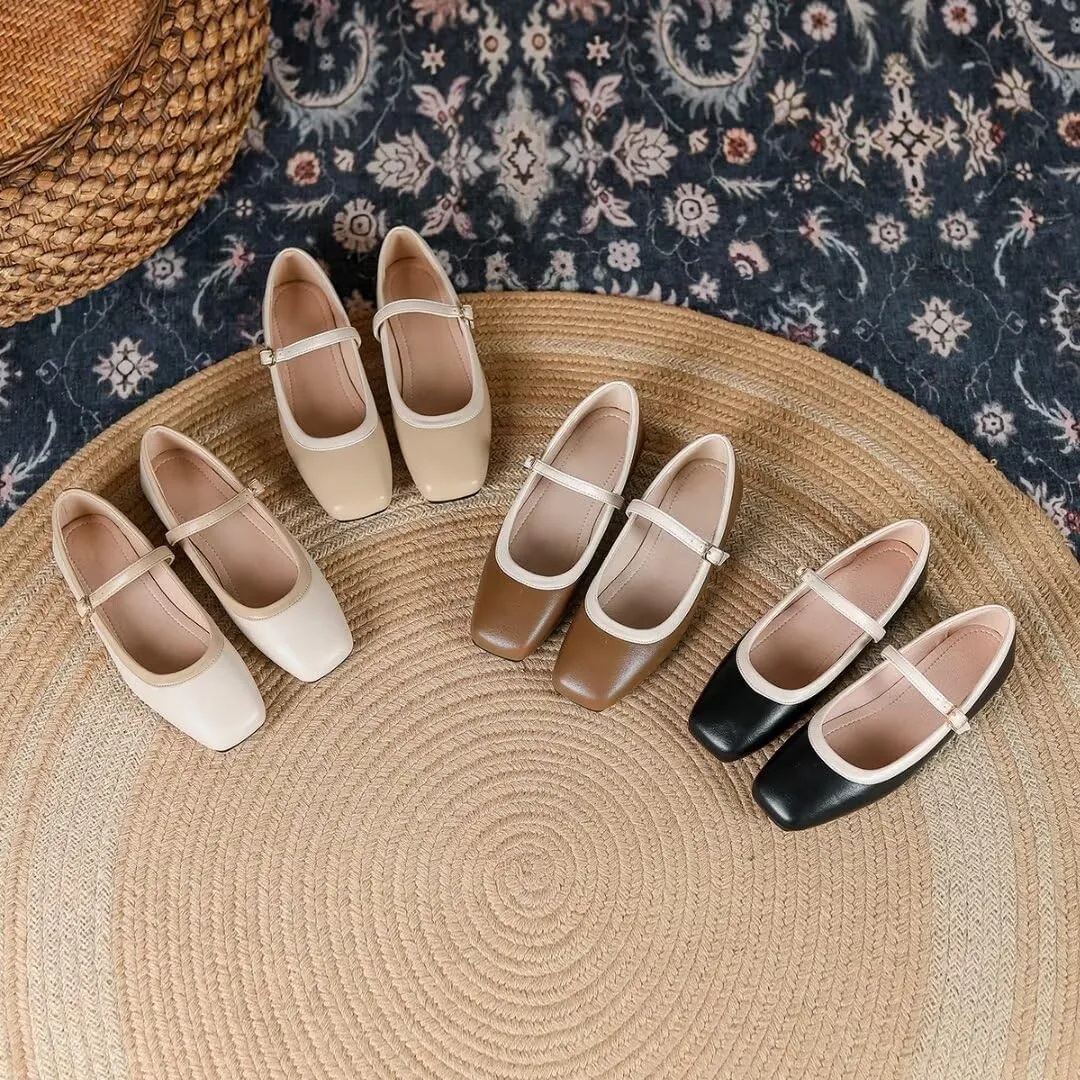 TN TANGNEST Ballet Flats for Women Soft Leather Ankle Buckle Flats Comfortable Square Toe Mary Jane Flats