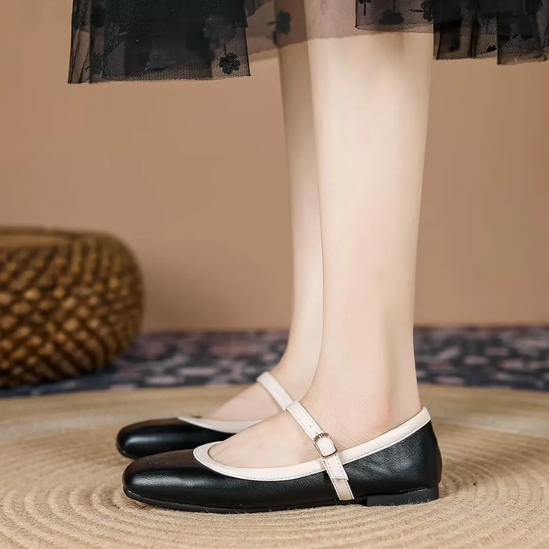 TN TANGNEST Ballet Flats for Women Soft Leather Ankle Buckle Flats Comfortable Square Toe Mary Jane Flats