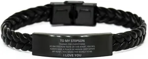 To My Stepson Braided Leather Bracelet No Matter How Near Or Far Apart - Motivational Engraved Christmas Birthday Gifts For Men Women, Personalized Gifts