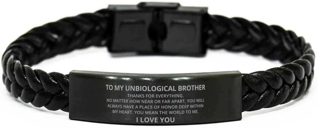 To My Unbiological brother Braided Leather Bracelet No Matter How Near Or Far Apart - Motivational Engraved Christmas Birthday Gifts For Men Women, Personalized Gifts