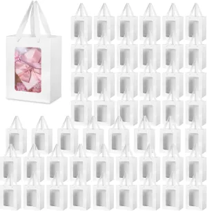 Tobeelec 50 Pcs Paper Gift Bag with Transparent Window, 7.9 x 5.9 x 3.9 Inch White Paper Gift Bags with Handles for Bridal Christmas Mothering Birthday Shower Festivals Party Supplies (White)