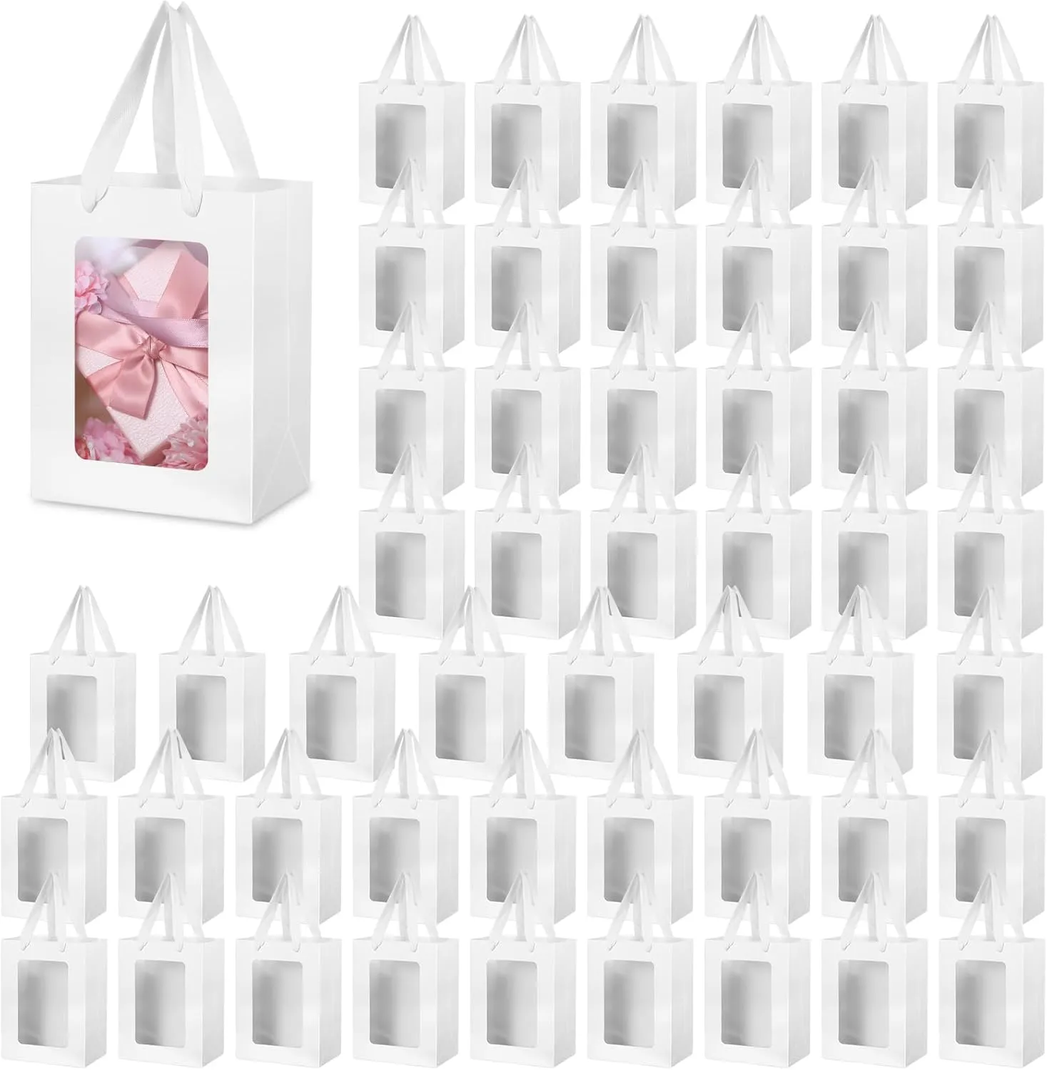 Tobeelec 50 Pcs Paper Gift Bag with Transparent Window, 7.9 x 5.9 x 3.9 Inch White Paper Gift Bags with Handles for Bridal Christmas Mothering Birthday Shower Festivals Party Supplies (White)