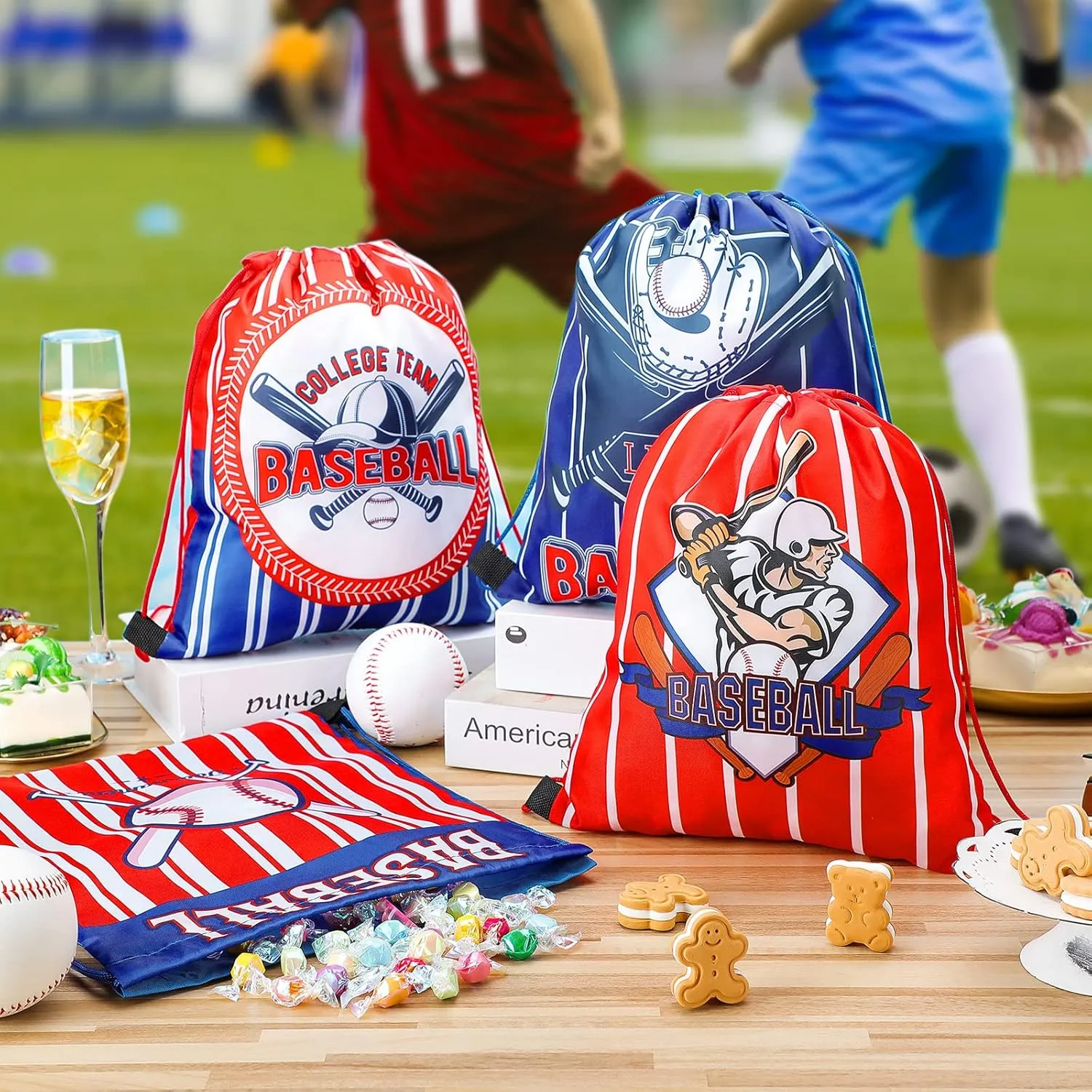 Tondiamo 12 Pcs Baseball Soccer Party Favor Bags Kids Drawstring Soccer Candy Goodies Treat Bags Supplies