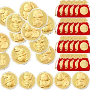 Tondiamo 20 Pcs Chinese New Year Coins 2025 Year of The Snake Commemorative Coins Zodiac with Red Drawstring Bags Lucky Feng Shui Decorations Supplies