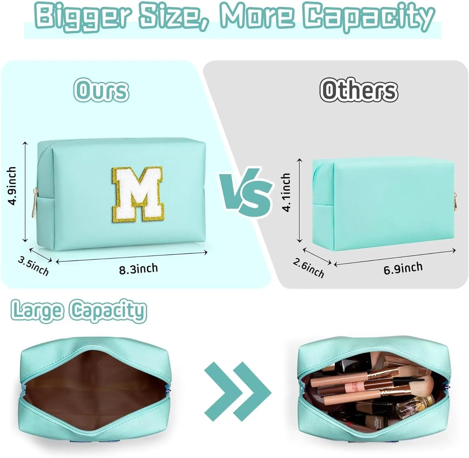 TOPEAST Preppy Makeup Bag, Personalized Initial Bags with Zipper, Cute Makeup Pouch, PU Leather Waterproof Cosmetic Bag, Birthday Gift for Daughter, Preppy Things for Girls (Blue A)