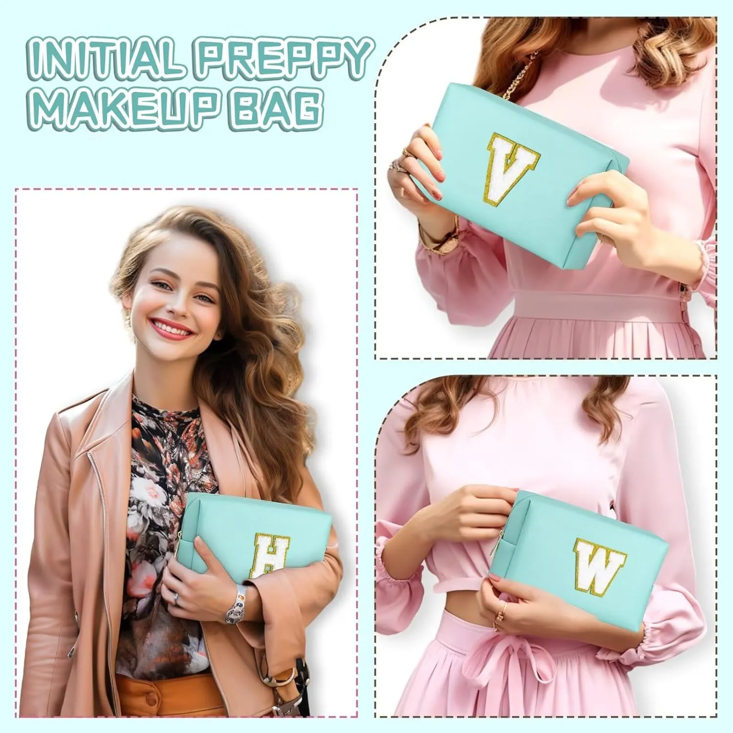 TOPEAST Preppy Makeup Bag, Personalized Initial Bags with Zipper, Cute Makeup Pouch, PU Leather Waterproof Cosmetic Bag, Birthday Gift for Daughter, Preppy Things for Girls (Blue A)