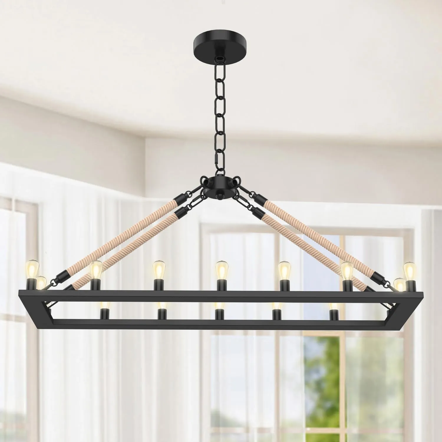TOREAD 16-Light Rustic Farmhouse Chandelier - Vintage Square Iron Pendant Light Fixture for Dining Room, Kitchen, Living Room - Industrial Black Finish