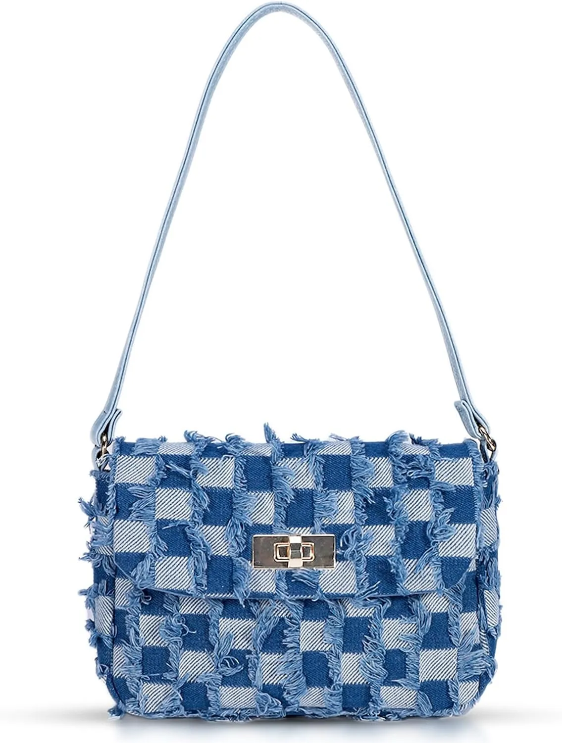 Tote Bag, Denim Fabric Soft Handbag Underarm Bag, Tassels Checkerboard Shoulder Bag, Handbags for Women Vacation Travel Daily Matching(Light) (Dark)