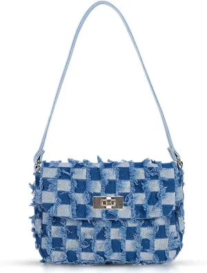 Tote Bag, Denim Fabric Soft Handbag Underarm Bag, Tassels Checkerboard Shoulder Bag, Handbags for Women Vacation Travel Daily Matching(Light) (Dark)