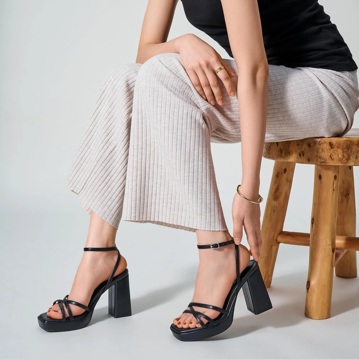 Trary Gold & White Heels - Square Toe, 3 inch Platform, Strappy & Block Heels for Wide Feet, Ankle Strap Y2k Shoes for Prom