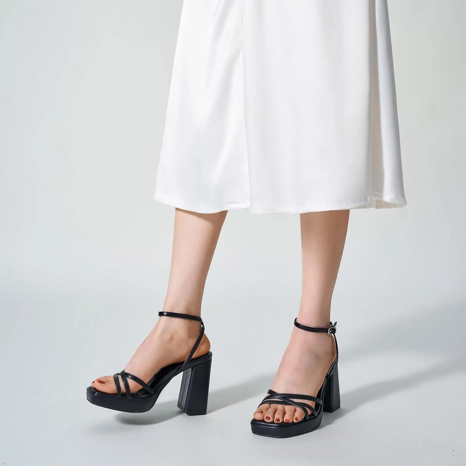Trary Gold & White Heels - Square Toe, 3 inch Platform, Strappy & Block Heels for Wide Feet, Ankle Strap Y2k Shoes for Prom