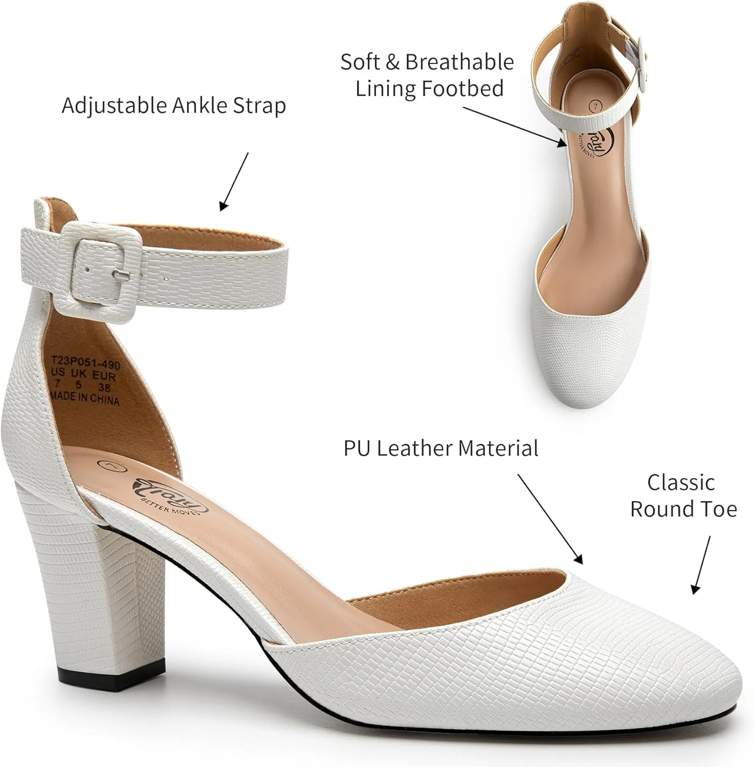 Trary Heels for Women, Low Heel Closed Round Toe Chunky Block Nude Heels Adjustable Ankle Strap Comfy Pumps Shoes Black Heels for Women Versatility Heels Wedding Daily Dressy 2.75" Heels
